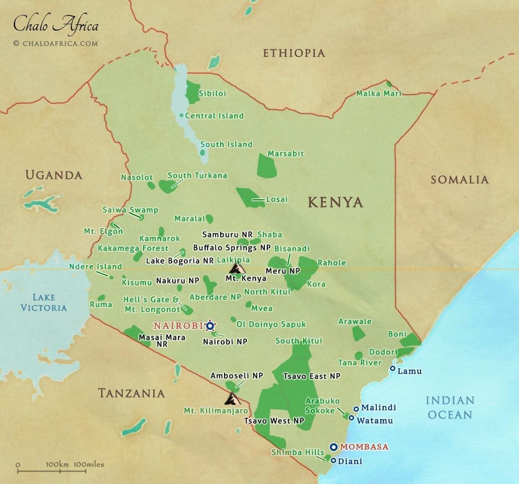 Kenya Milli Parklar haritası ve rezervleri